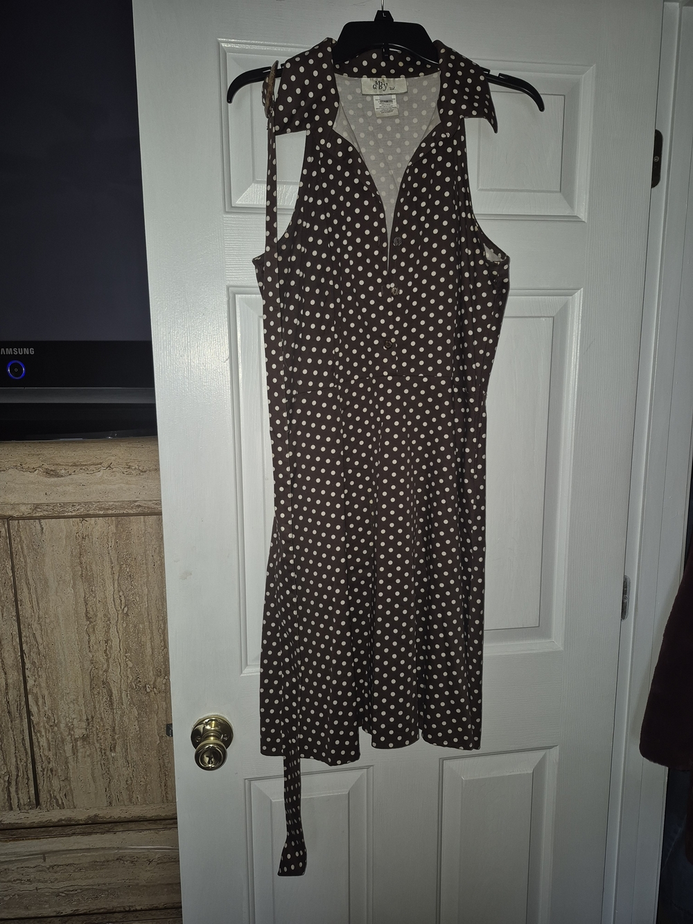 Sleeveless Brown Polka Dot Midi Dress with Tie Waist